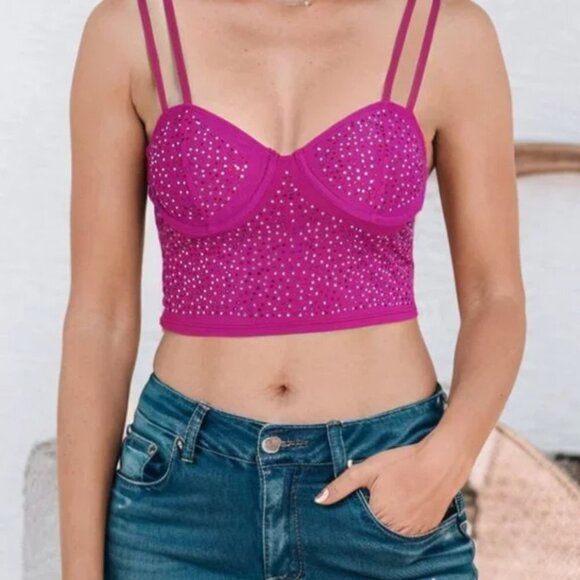 NEW Hot Pink Rhinestone Glitter Double Strap Tank Top with adjustable straps - Picture 5 of 5